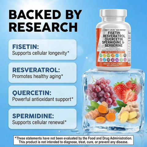 Clean Nutraceuticals Fisetin Quercetin Resveratrol Spermidine - Longevity with NAD Berberine Apigenin Anti Aging Cellular Health Support Caps 60