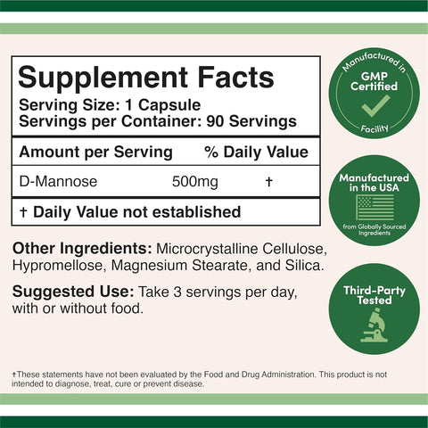 Double Wood D Mannose 500mg - 99.9% Purity Tested for Urinary Tract 90 Caps