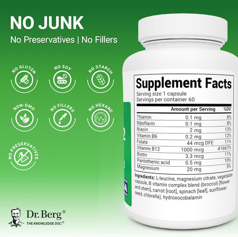 Dr. Berg Natural Vitamin B12 FOLATE 1000 mcg Hydroxocobalamin Energy Brain & Nervous System 60 Caps