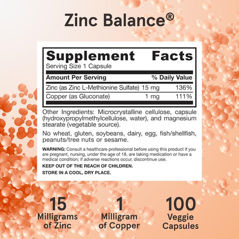 Jarrow Formulas Zinc Balance with Copper - Essential Minerals for Immune 15 mg 100 Veggie Caps