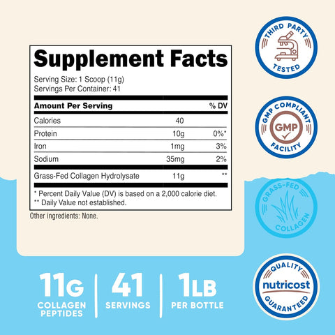 Nutricost Collagen (Kolajen) Peptides Powder 1LB (454 G) - Grass Fed Bovine Collagen Hydrolysate (Unflavored)