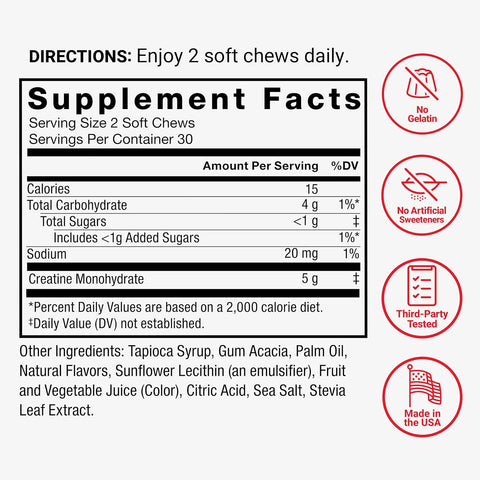 Force Factor Legendary Creatine Monohydrate Memory & Cognitive Sugar Free, Berry Blast 60 Chews