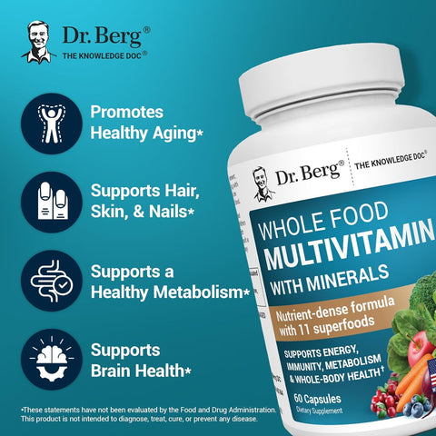 Dr. Berg Whole Food Multivitamin with Minerals Trace Mineral Benfotiamine Folate Alpha lipoic Acid 60 Caps