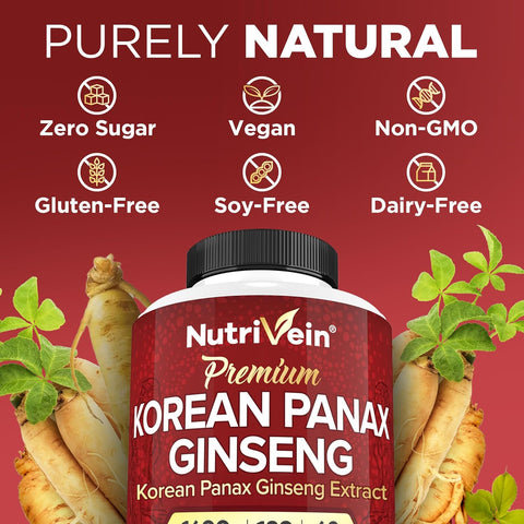 Nutrivein Korean Red Panax Ginseng Boost Energy, Mental Focus & Immune Health 1600mg 180 Caps
