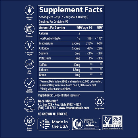 Trace Minerals ConcenTrace Trace Mineral Drops Magnesium Lithium Boron Potassium Keto Vegan 96 Servings