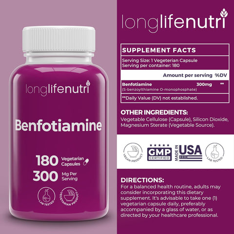 LongLifeNutri Benfotiamine 300mg Fat-Soluble B1 Thiamine 180 Vegetarian Capsules