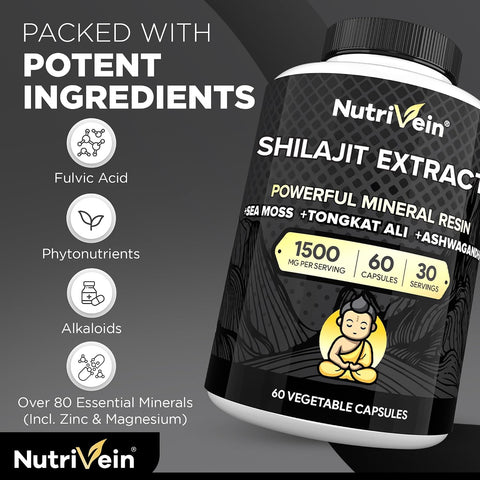Nutrivein Premium Himalayan Shilajit with Irish Sea Moss Tongkat Ali Ashwagandha 1500 mg - 60 Caps