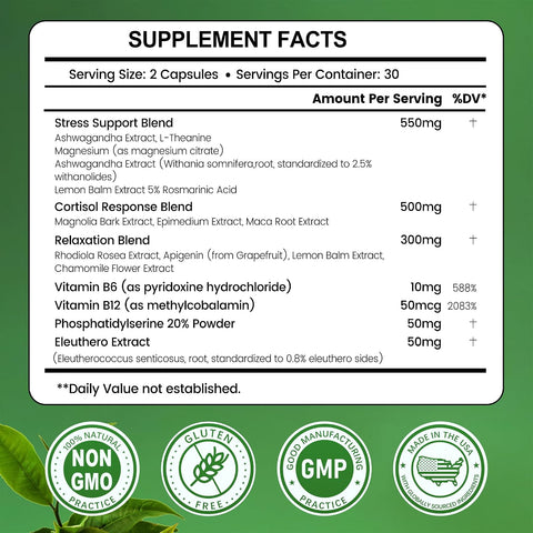 inGreens Cortisol 15-in-1 Ashwagandha Theanine & Lemon balm Rhodiola Magnesium Relaxation & Restful Sleep 60 Caps