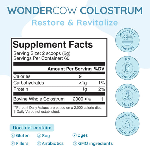 WONDERCOW Colostrum Gut Health Immune Support & Wellness IgG Pure Whole Bovine Colostrum Superfood, Unflavored, 60 Servings