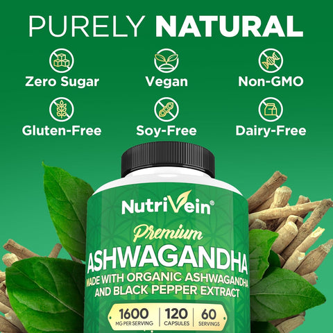 Nutrivein Organic Ashwagandha Capsules 1600mg with Black Pepper Extract - 120 Vegan Pills - 100% Pure Root Powder Supplement - Supports Stress Relief, Immune, Energy, Stamina & Mood
