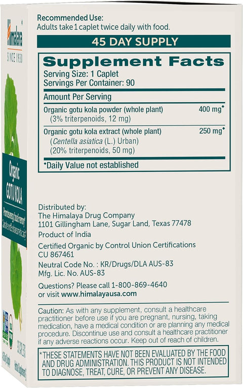 Himalaya Organic Gotu Kola Nootropic with Adaptogens for Energy, Focus, Memory Brain Cognitive 90 Caplet