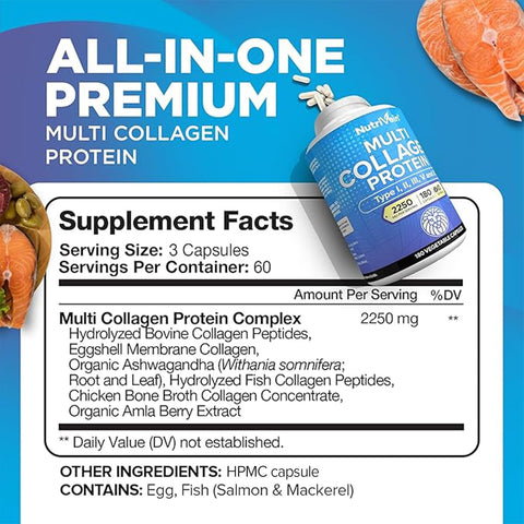 Nutrivein Premium Multi Collagen 2250 mg - 180 Women and Men -Aging,Joints,Hair,Skin,Bones,Nails