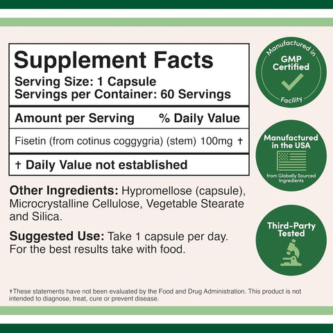 Double Wood Fisetin Bioflavonoid Polyphenols Apigenin Luteolin Quercetin Aging Support 100mg 60 Caps