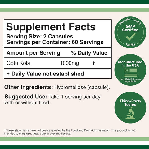 Double Wood Gotu Kola Centella Asiatica 1000mg Mental Relaxation and Cognitive 120 Caps