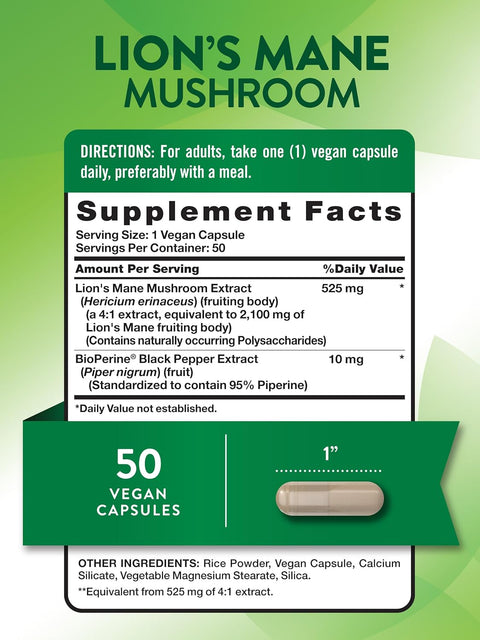 Nature's Truth, Lion's Mane(Aslan yelesi mantarı) Mushroom Plus BioPerine®, 2100 mg, 50 Capsules
