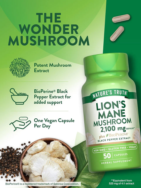 Nature's Truth, Lion's Mane(Aslan yelesi mantarı) Mushroom Plus BioPerine®, 2100 mg, 50 Capsules
