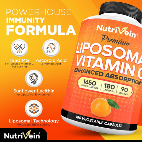 Nutrivein Liposomal Vitamin C 1650mg Defenses & Overall Well-Being- 180 Caps