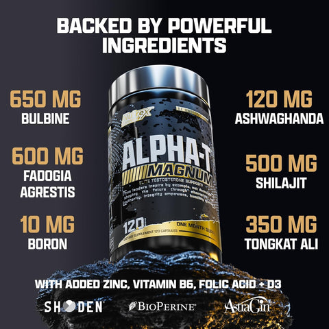 Nutrex Research Alpha-T Magnum Testosterone Support for Men | Anabolic Folic Acid , Tongkat Ali, Fadogia Agrestis, Boron , Apigenin , Shilajit and Ashwagandha | Muscle Builder for Strength, Growth & Hormone Balance