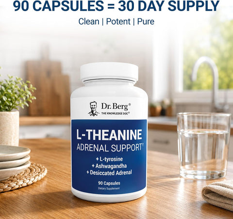 Dr. Berg L-Theanine with Ashwagandha & L-Tyrosine, Zinc & Manganese Adrenal Support Advanced 9-in-1 Adaptogen & Mineral 90 Caps