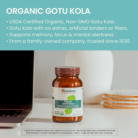 Himalaya Organic Gotu Kola Nootropic with Adaptogens for Energy, Focus, Memory Brain Cognitive 90 Caplet