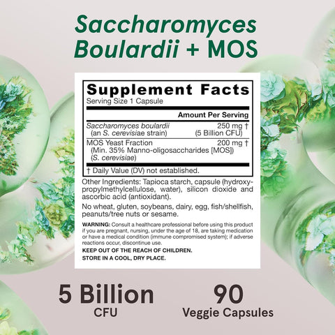 Jarrow Formulas, Vegan Saccharomyces Boulardii Probiyotik + Prebiyotik MOS, 5 Billion CFU, 90 Veggie Caps
