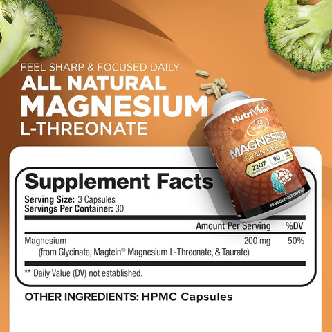 Nutrivein Magtein Magnesium L-Threonate Glycinate Taurate Brain Sleep Mood Recovery 2207 mg 90 Caps