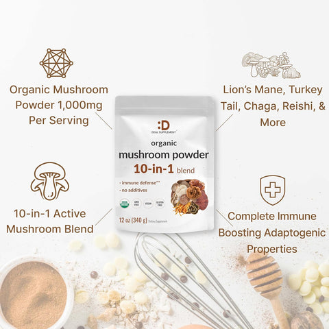 DEAL SUPPLEMENT Organic Mushroom Powder Shiitake Lions Mane Cordyceps Chaga More Immune Energy Brain Health