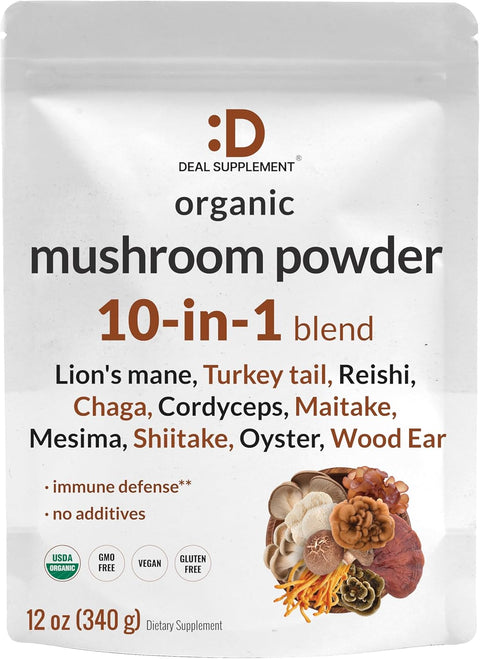 DEAL SUPPLEMENT Organic Mushroom Powder Shiitake Lions Mane Cordyceps Chaga More Immune Energy Brain Health