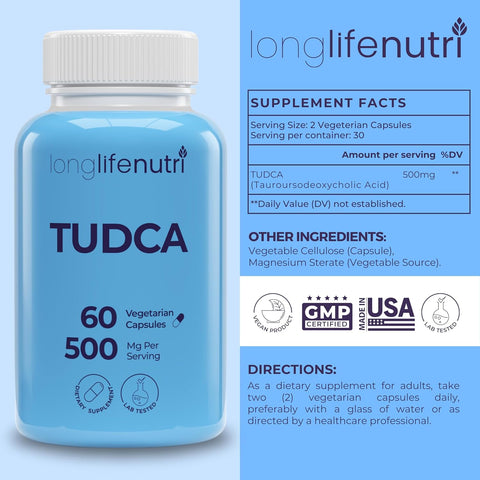 LongLifeNutri TUDCA - Tauroursodeoxycholic Acid Bile Salt 500mg per Serving & 60 Vegetarian Caps