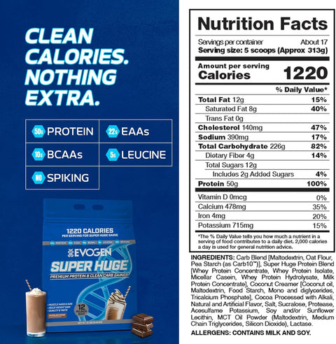 Evogen Super Huge Mass Gainer Protein High Calorie Weight Gainer Carbs & Nutrients Strength 5,4 Kg