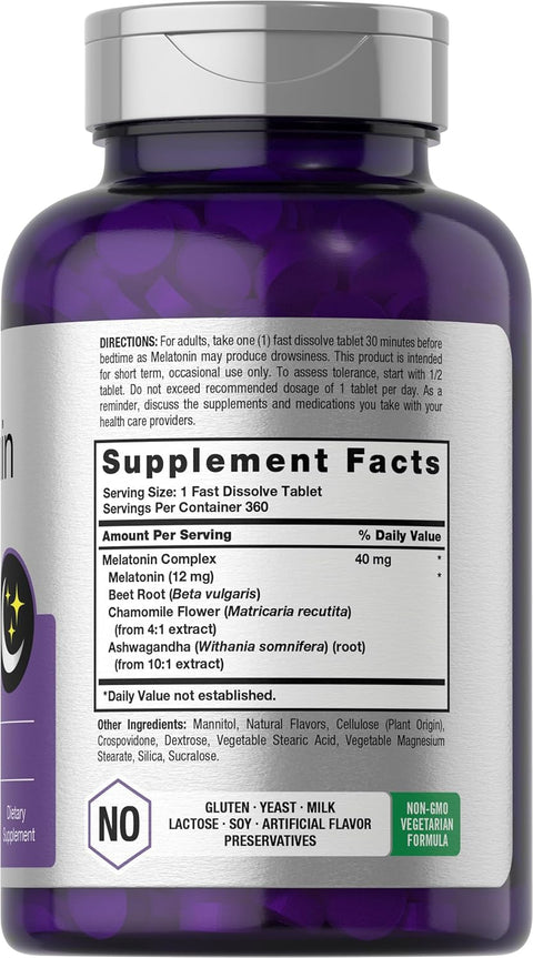 Horbaach Melatonin 40mg Complex | 360 Fast Dissolve Tablets | Adult Extra Strength Supplement | with Chamomile and Ashwagandha | Vegetarian, Non-GMO, Gluten Free