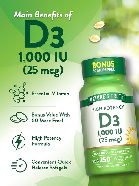 Nature's Truth, High Potency Vitamin D3, 25 mcg (1000 IU), 250 Quick Softgels