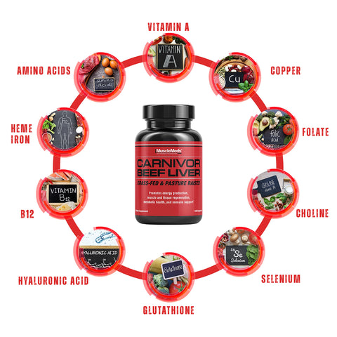 Musclemeds Carnivor Grass-Fed Beef LİVER (B1+LİV52+IRON+FOLATE+COPPER+CHOLİNE+AMİNO 180 Capsules