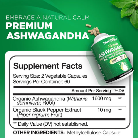 Nutrivein Organic Ashwagandha Capsules 1600mg with Black Pepper Extract - 120 Vegan Pills - 100% Pure Root Powder Supplement - Supports Stress Relief, Immune, Energy, Stamina & Mood
