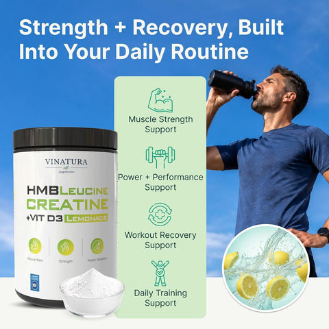 VINATURA Creatine Monohydrate HMB Powder with Leucine Losin Vitamin D3 - Muscle Defense - Vegan Lemonade Flavor 30 Serving