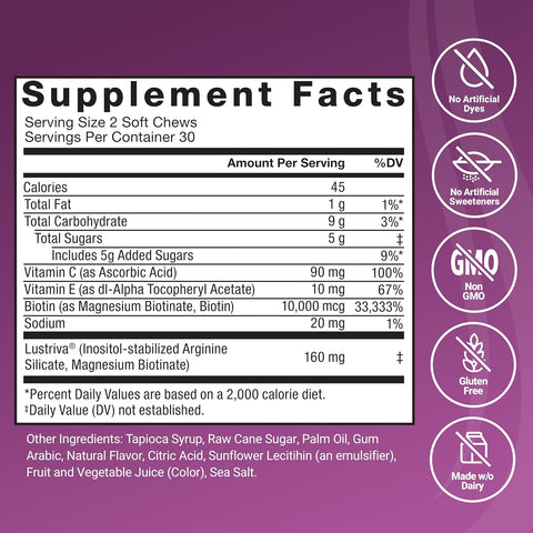 Force Factor Hair Growth Accelerator Hair Skin & Nails Vitamin Biotin Mixed Berry 60 Soft Chews