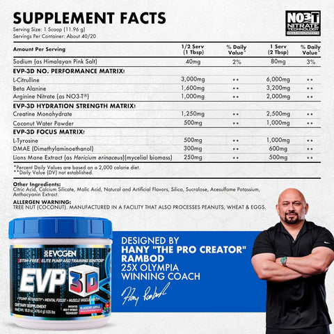 Evogen EVP 3D PreWorkout Beta Alanine Arginine Nitrate Creatine Tyrosine Dmae Lions mane Energy Pump Focus 40 Servings