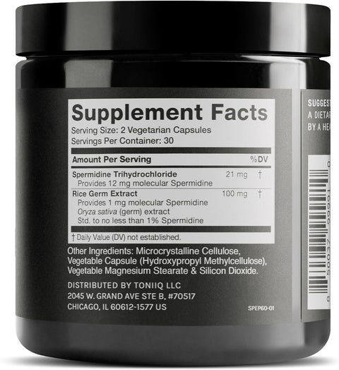 Toniiq Spermidine Rice Germ Extract and Trihydrochloride 22mg 60 Vegetarian Caps