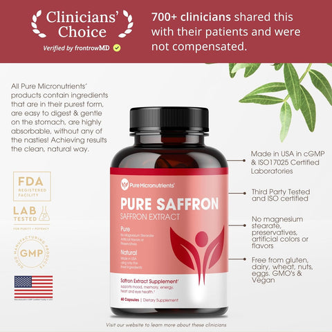 Pure Micronutrients 100% Pure Saffron Extract Boost Energy & Mood, Support Eye & Heart Health 60 Caps