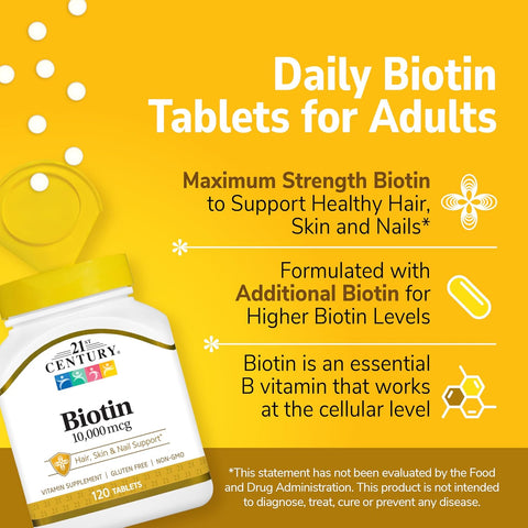 21st Century Biotin+Calcium Hair, Skin & Nail Support 10,000 mcg, Unflavored 120 Count