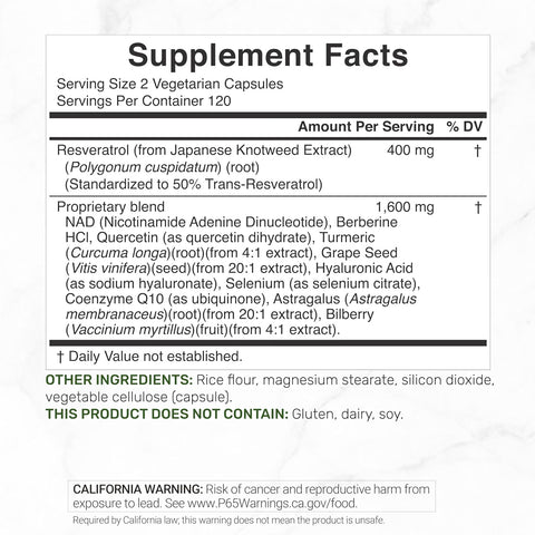 DEAL SUPPLEMENT Trans-Resveratrol Polygonum NAD, Quercetin, Turmeric, CoQ10 Complex 240 Veggie Caps