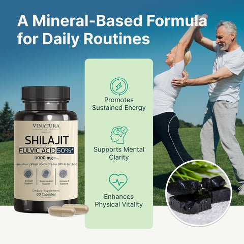 VINATURA Shilajit for Men and Women Pure Himalayan Shilajit 1000mg 50% Fulvic Acid - 60 Caps