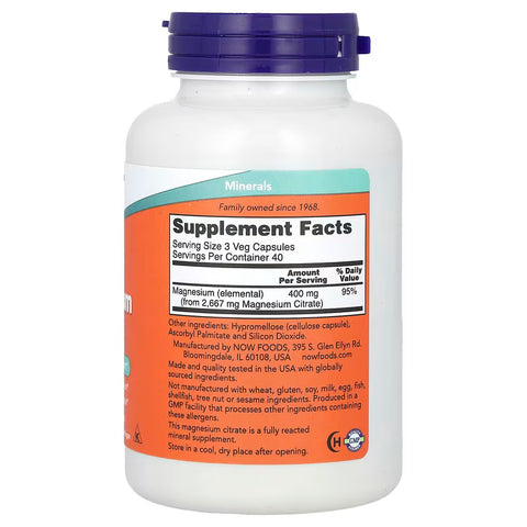 NOW Foods Magnesium Citrate Nervous System Support 120 Veg Capsules