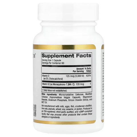 California Gold Nutrition Vitamin D3 + K2 MK-7 5000 IU 60 Veggie Caps