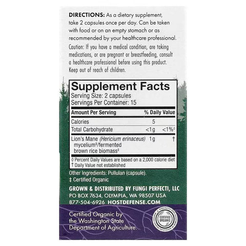 Host Defense Mushrooms Lion's Mane Made with Organic Mushroom Mycelium 30 Capsules