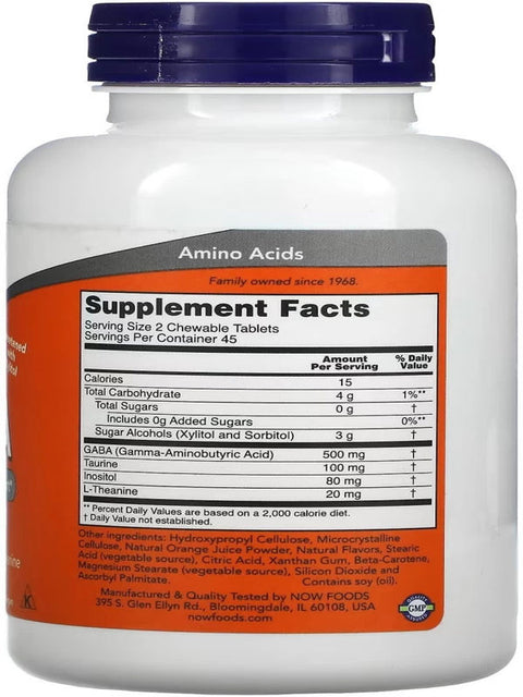 NOW Foods, Chewable GABA+TAURİNE+THEANİNE+İNOSİTOL 700 Mg Natural Orange Flavor, 90 Chewables