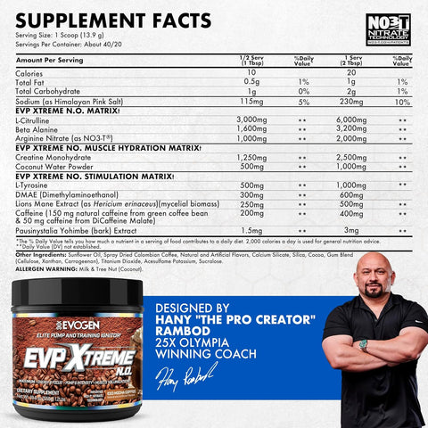 Evogen EVP Xtreme NO PreWorkout Pump Mental Focus Iced Mocha Coffee 40 Servings