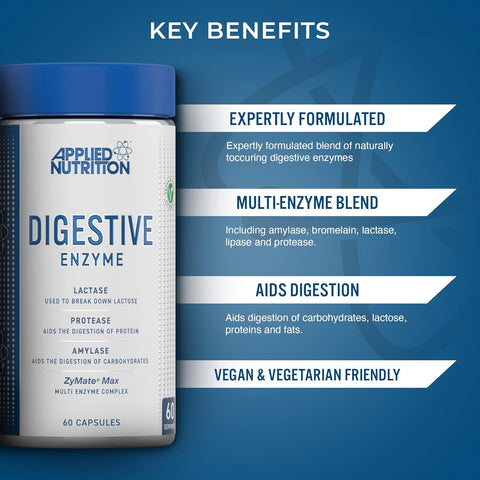 Applied Nutrition Digestive Enzyme Lactase Protease Amylase Aids Digestion Flatulence Control 60