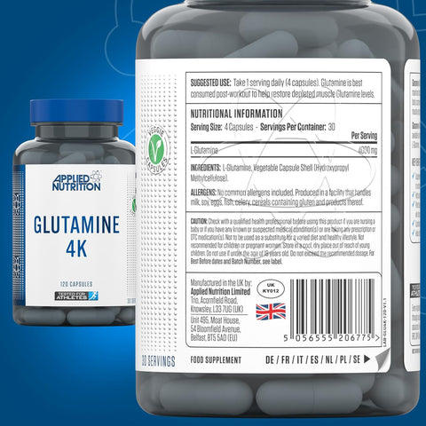 Applied Nutrition Glutamine 4K L Glutamine 4000 mg Restore Amino Acid Levels 120 Caps
