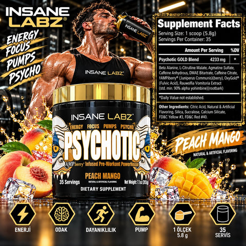 Insane Labz Psychotic Gold PreWorkout Beta Alanine, DMAE Bitartrate, NO Booster 35 Servis - Peach Mango